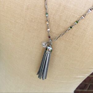 Silver tone & Crystal Necklace Faux Leather Tassel